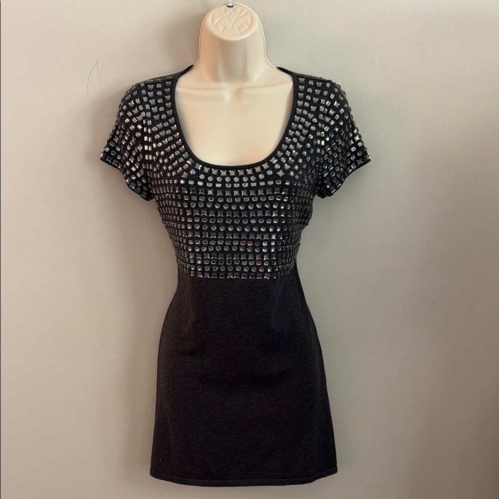 Silk Dark Gray Short Sleeve Embellished Studded Scoop Neck Top Tunic Mini Dress